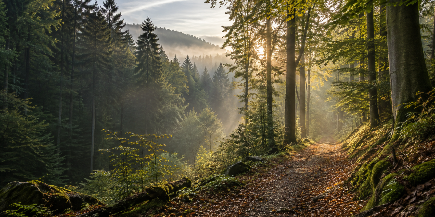 Waldweg im Morgenlicht